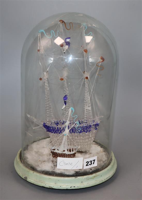 Two Nailsea glass sailing ships under dome overall height 34cm